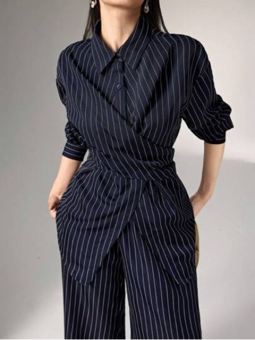 Classic Navy Pinstripe Wrap pants and top